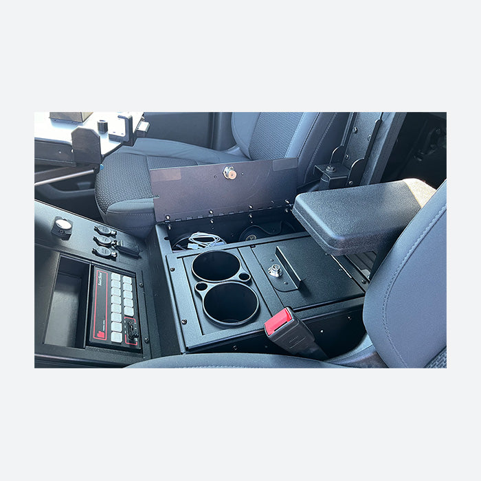 Gamber Johnson 2019+ Chevrolet Silverado Wide Body Console w/ Internal Printer Mount Cup Holder Tall Rear Armrest and Mongoose XLE 9-in Motion Attachment 7170-1063-02