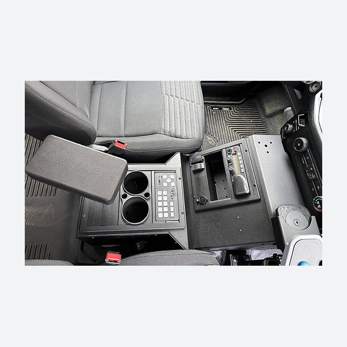 Gamber Johnson 2021+ Ford F-150 Wide-To-Narrow Console w/ Cup Holder Tall Armrest & Mongoose XLE 7170-1077-02